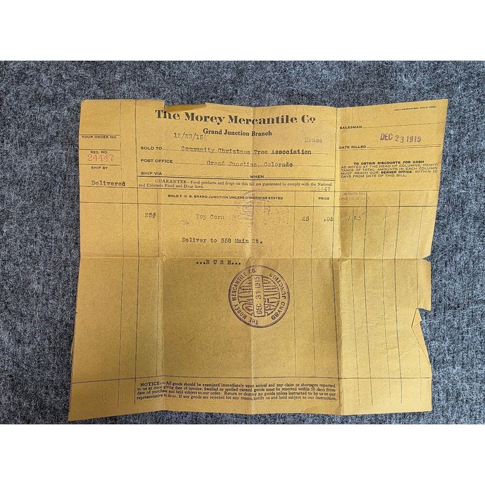 1915 Morey Mercantile Co. Grand Junction Colorado Receipt Popcorn Order